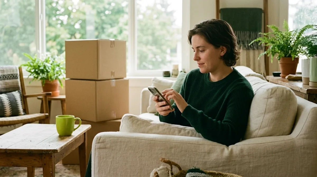 Professional marketing photography of a young adult sitting comfortably on a cream-colored sofa in a bright, cozy apartment w