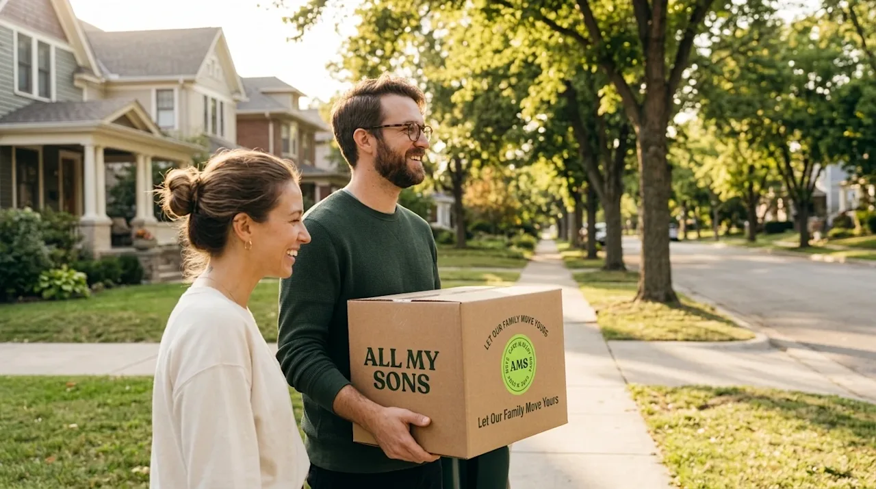A purely photographic lifestyle image of a happy couple standing on the sidewalk of a beautiful, sunlit, welcoming neighborho