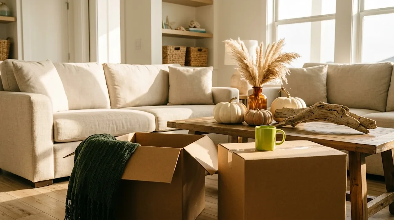 A candid, warm lifestyle photograph of a bright, coastal-inspired living room being decorated for Fall, capturing a relaxed C