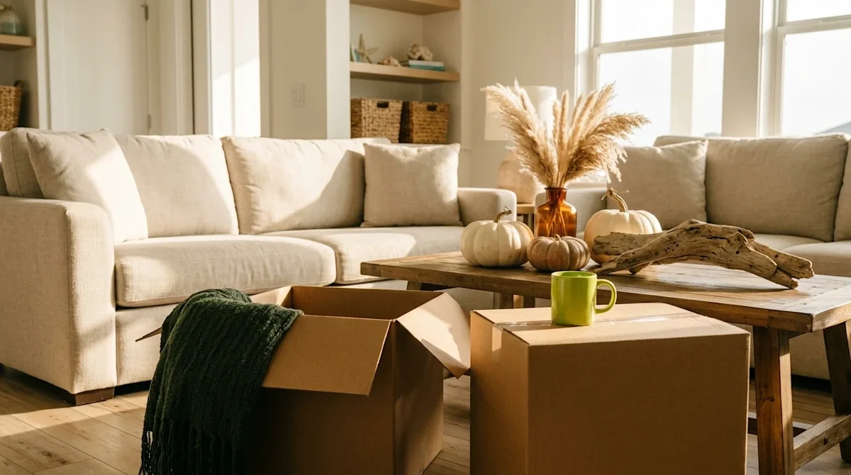 A candid, warm lifestyle photograph of a bright, coastal-inspired living room being decorated for Fall, capturing a relaxed C