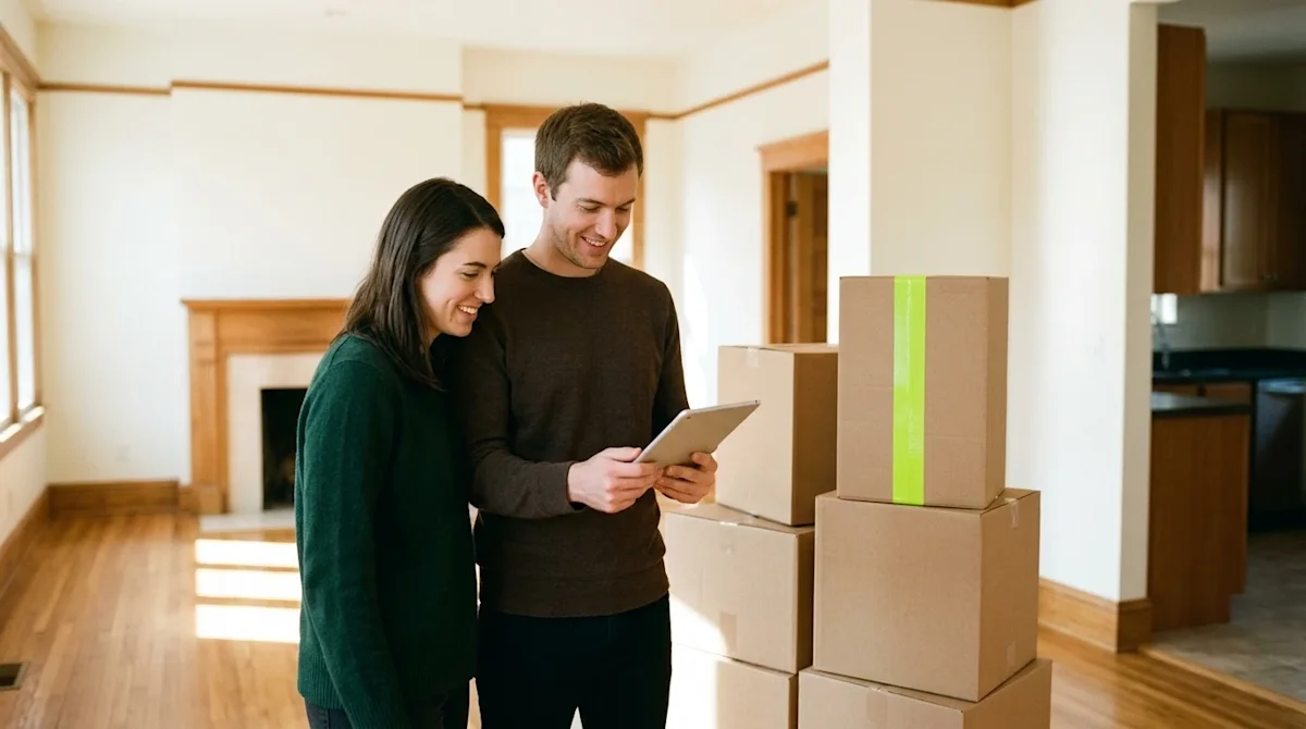 Authentic, candid lifestyle photography of a happy young couple standing in the bright, sunlit empty living room of a beautif