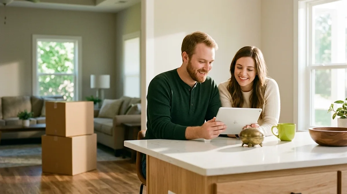 Professional marketing lifestyle photography of a happy, relaxed young couple sitting in a warm, sunlit, welcoming modern hom