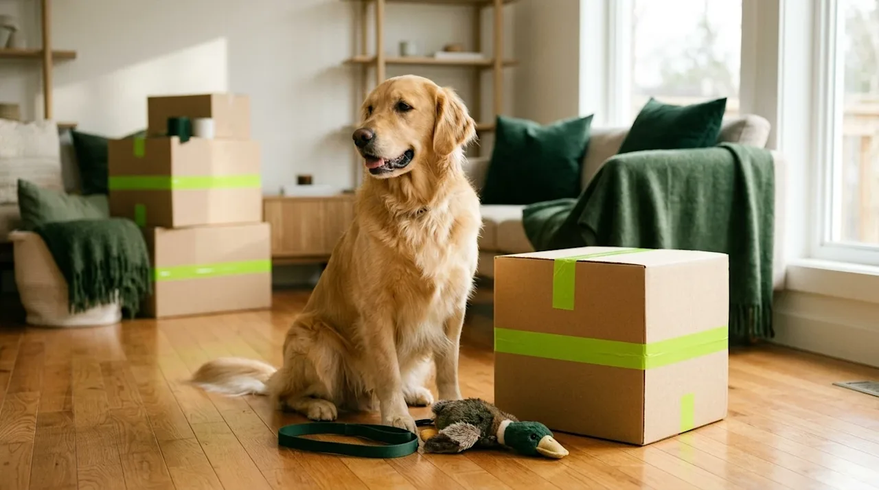 Professional marketing lifestyle photography of a stress-free moving day with a pet. A calm, happy golden retriever sits comf