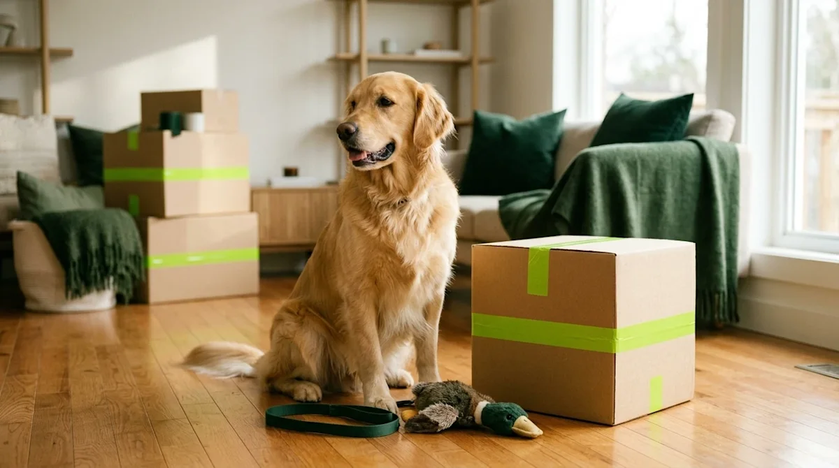 Professional marketing lifestyle photography of a stress-free moving day with a pet. A calm, happy golden retriever sits comf
