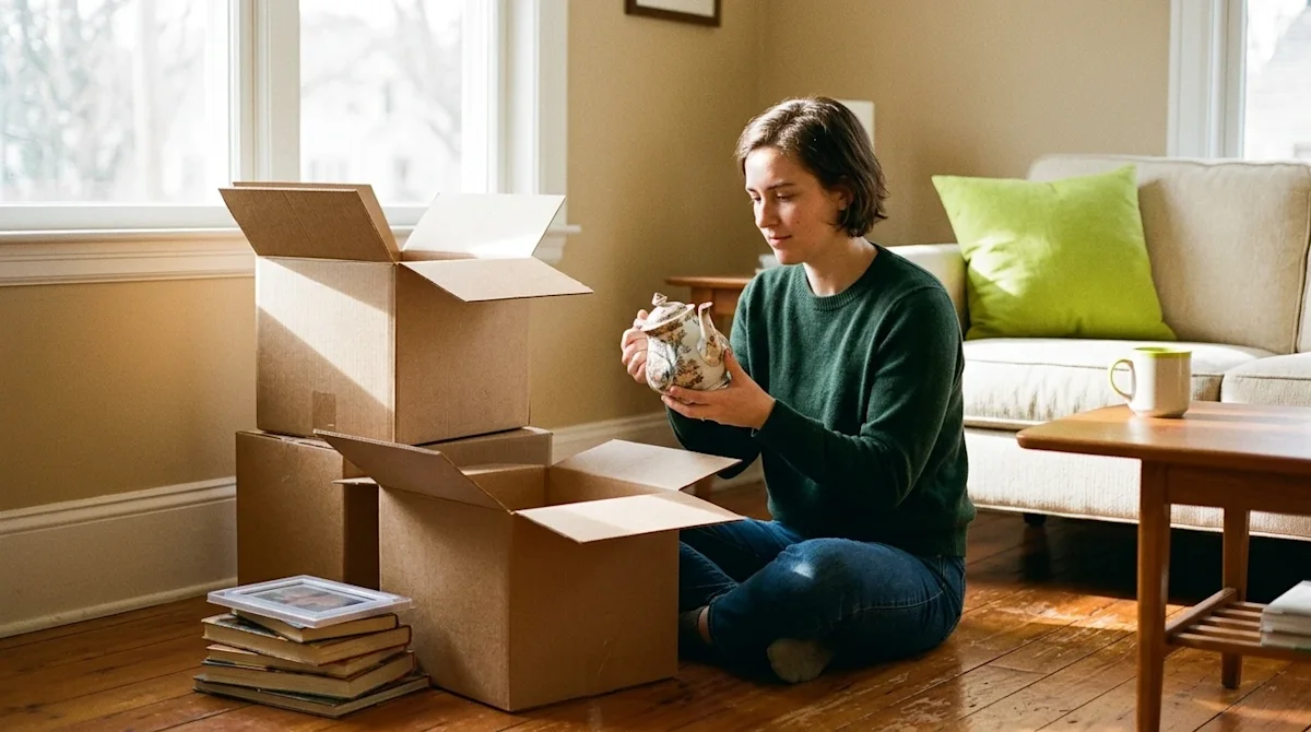 A warm, candid lifestyle photograph shot on 35mm film of a thoughtful person in a bright, cozy living room sorting through ho