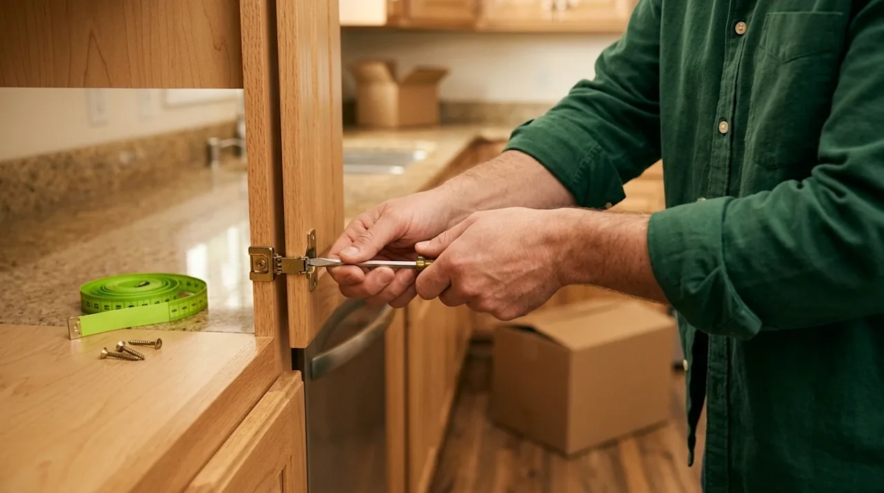 Professional marketing photography, a close-up lifestyle shot of a person making a small home repair, carefully tightening a