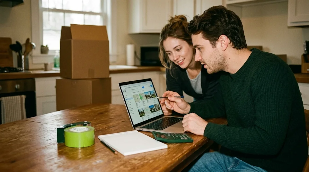 A candid 35mm film photography shot of a young couple sitting at a wooden kitchen table, actively researching neighborhoods o