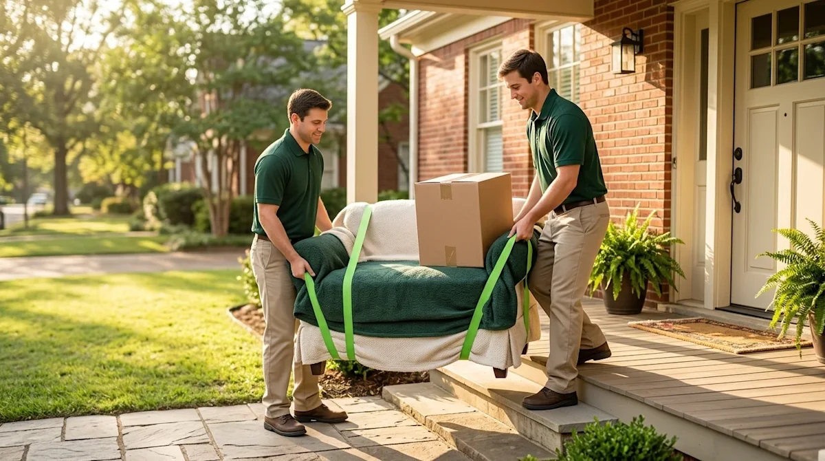Professional marketing photography of two friendly, professional movers carefully carrying a large piece of furniture wrapped