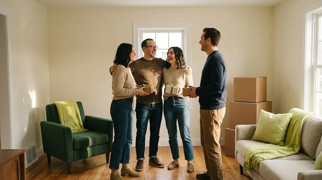 Professional marketing lifestyle photography of a joyful couple welcoming two friends as house guests into their new home. Th