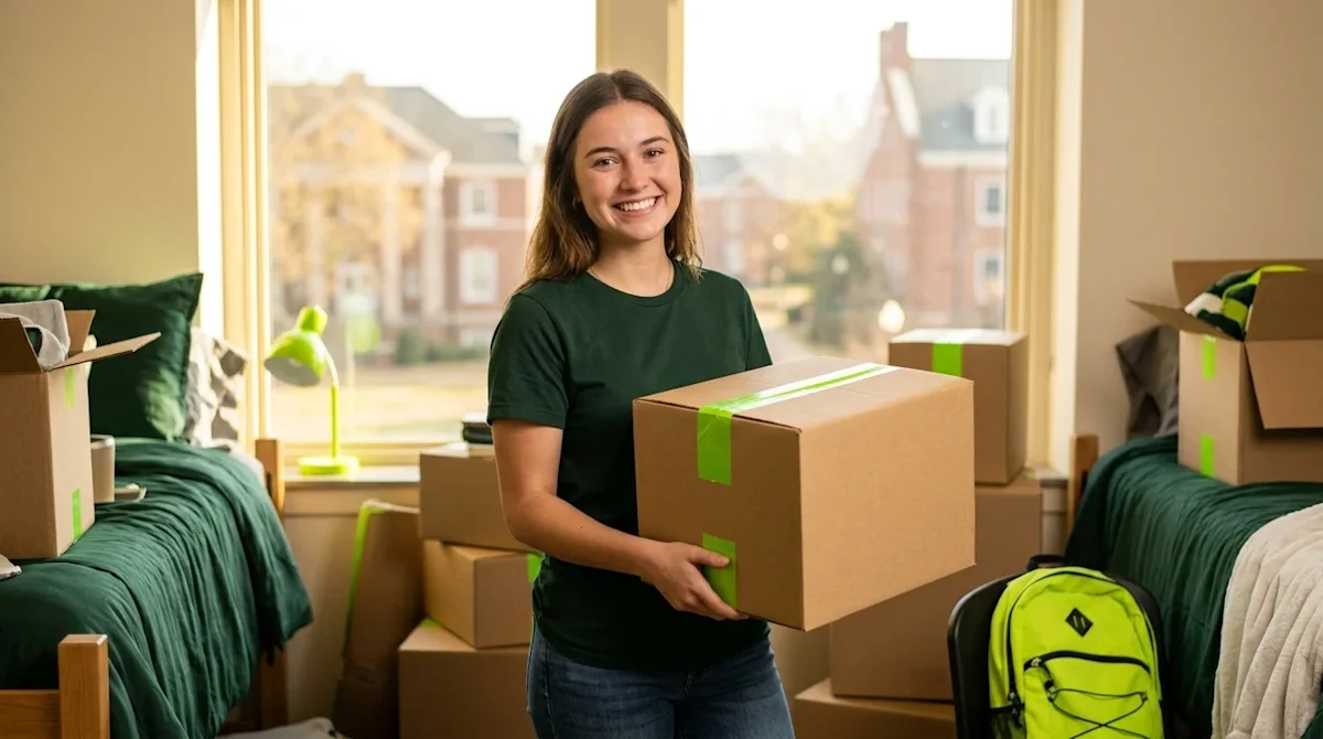 A happy college student holding a cardboard box with neon green tape in a sunny, furnished campus dorm room.