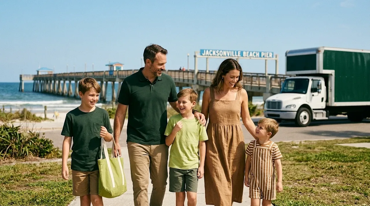 Candid lifestyle photography of a happy family walking near the iconic Jacksonville Beach Pier on a sunny afternoon, explorin