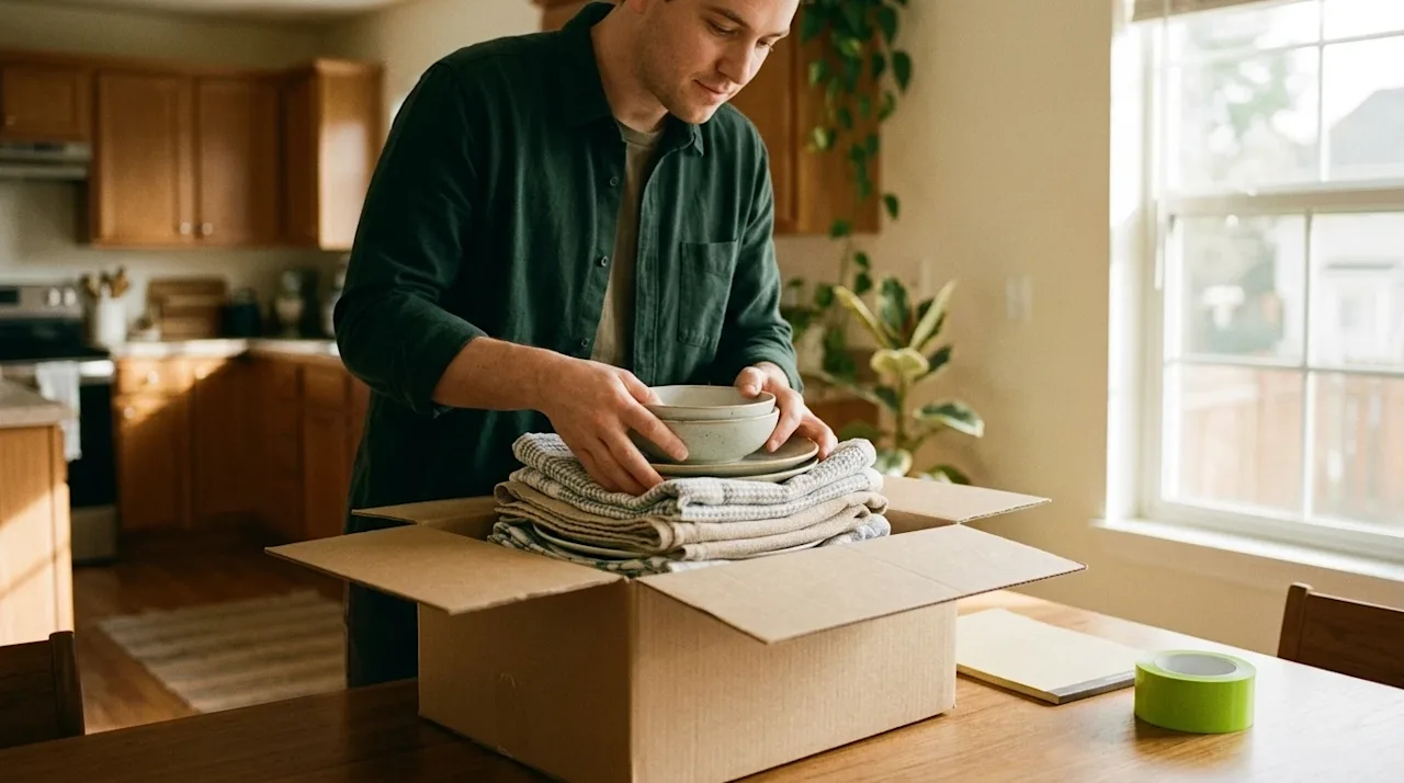 Candid lifestyle photography of a stress-free packing scene in a sunlit, welcoming suburban home. A person is efficiently org