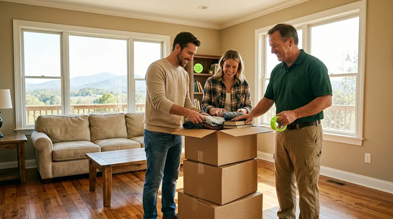 Clear and professional marketing photography, candid lifestyle shot. A friendly professional mover wearing a solid dark fores