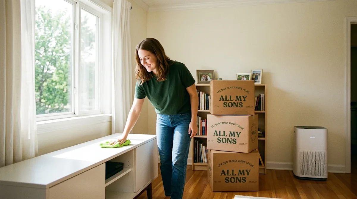 Candid lifestyle photography of a young woman allergy-proofing her newly moved-in home. She is happily dusting a bright, sunl