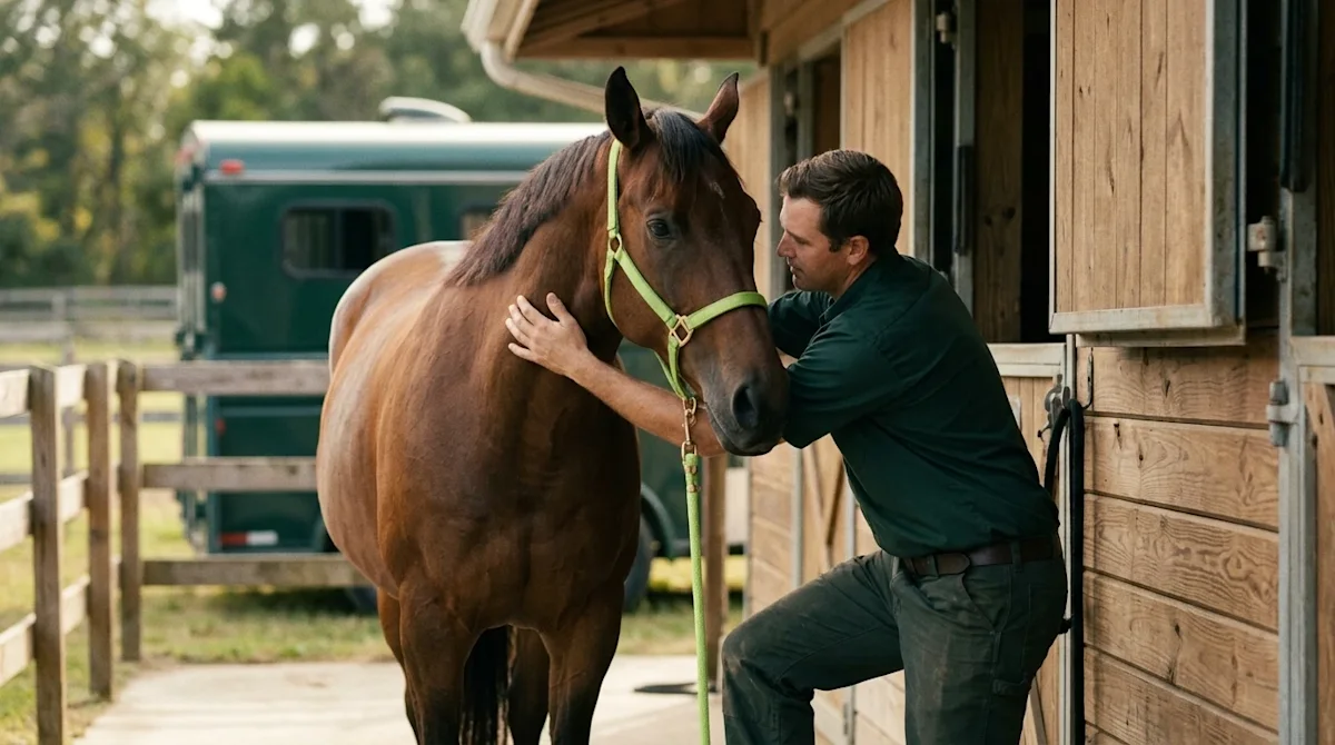A candid, warm lifestyle photograph of a professional mover wearing a dark forest green work shirt gently comforting a calm,