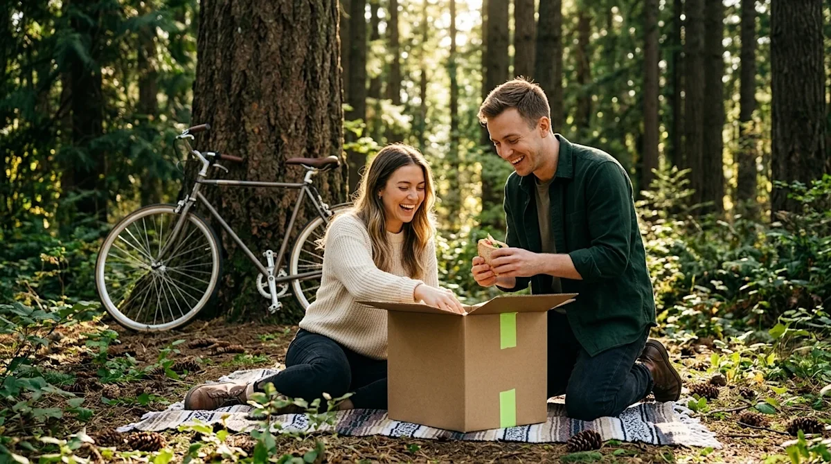 Professional marketing photography of a cheerful young couple enjoying a sunny afternoon in a lush, dark green forested park