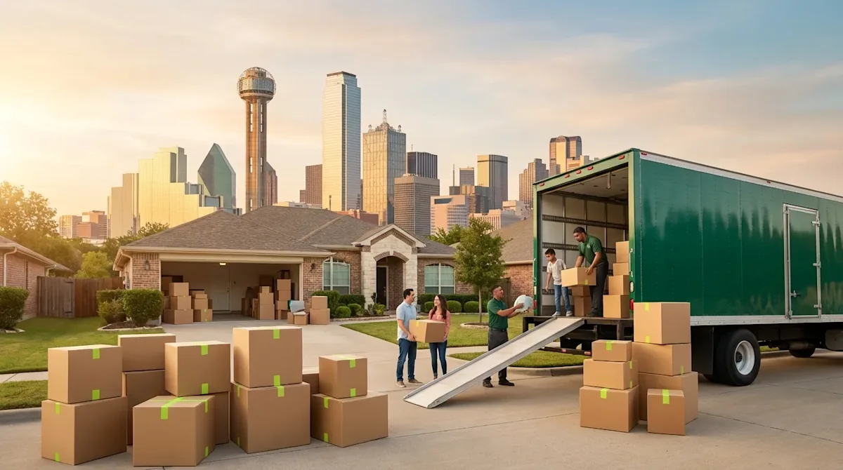 Professional residential moving service in Dallas featuring a green truck and tan boxes with the Reunion Tower skyline.