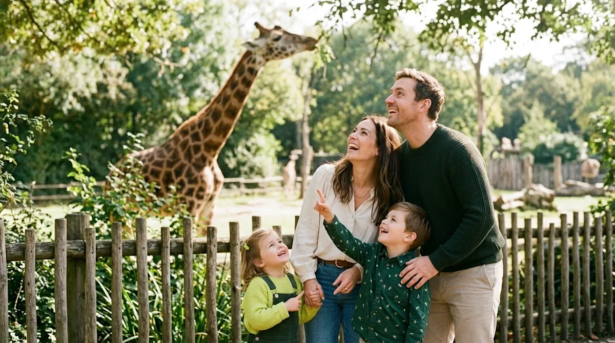 A candid, warm lifestyle photograph of a happy family enjoying a bright sunny day at a beautiful zoo, looking up in awe at a