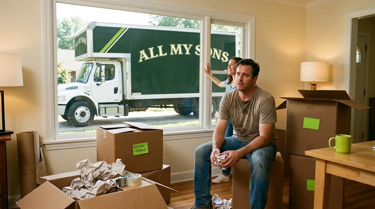 Candid 35mm film photography of a relatable moving day scene contrasting DIY stress with professional relief. Inside a warmly