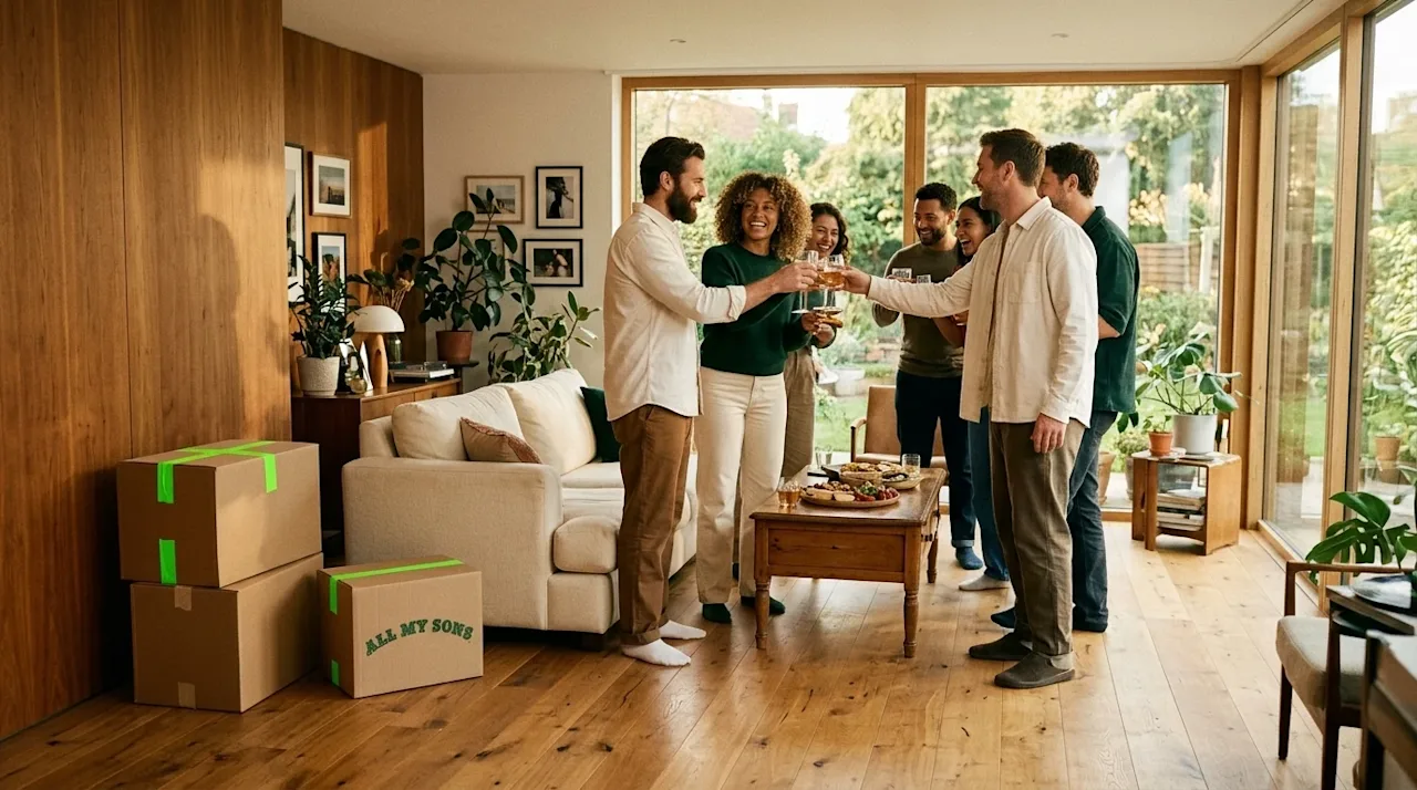 Candid lifestyle photography of a joyful housewarming party in a beautiful, modern home with warm wood floors and large sunli