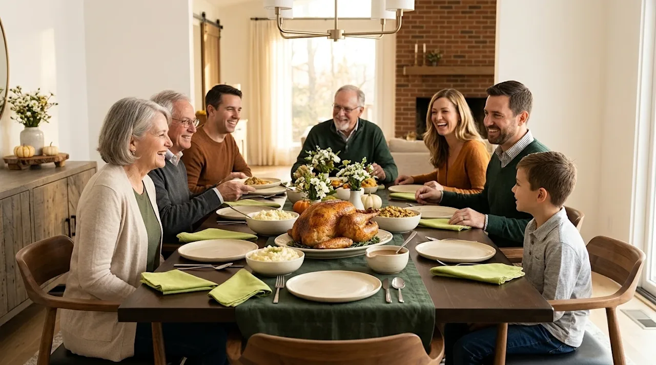 Professional marketing photography of a relaxed, stress-free Thanksgiving dinner gathering in a brightly lit, modern dining r