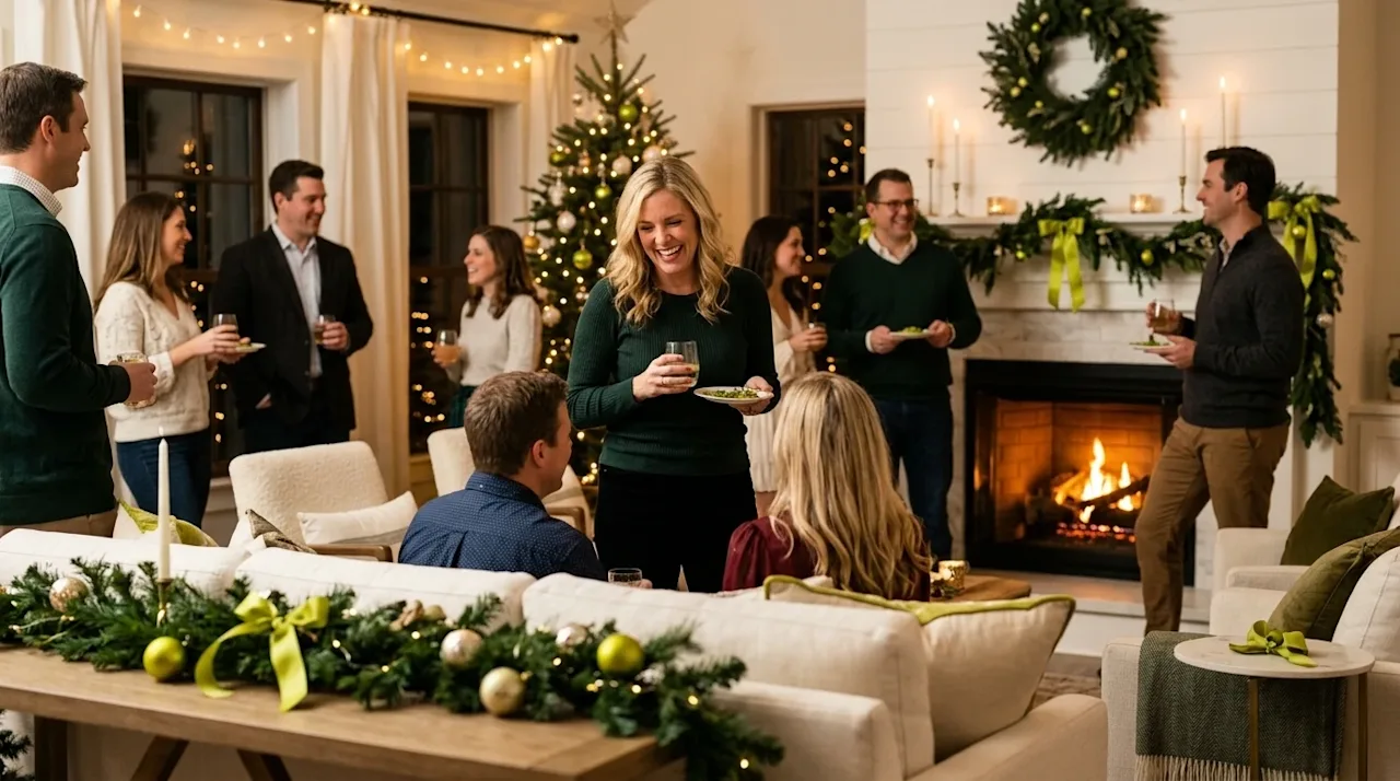 Professional marketing photography of a joyful family hosting a warm, festive holiday party in a cozy, elegant home living ro