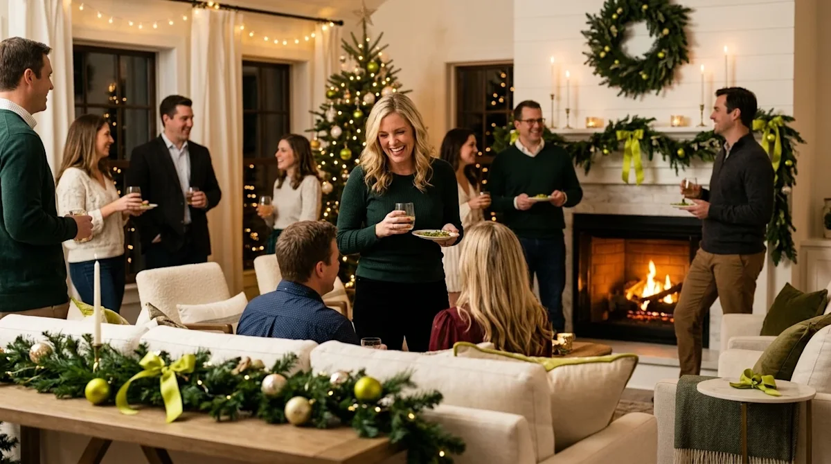 Professional marketing photography of a joyful family hosting a warm, festive holiday party in a cozy, elegant home living ro