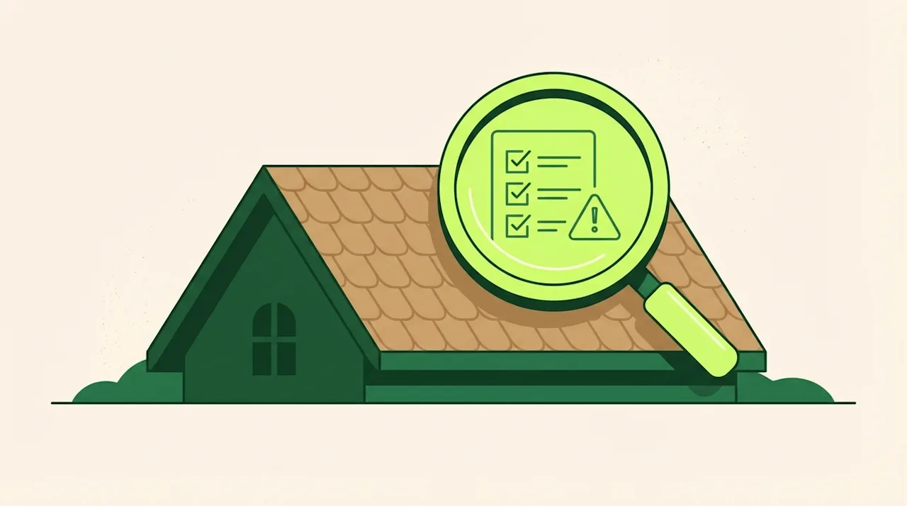 Minimalist illustration of a house roof inspected with a magnifying glass and warning icon to prevent roofing scams.