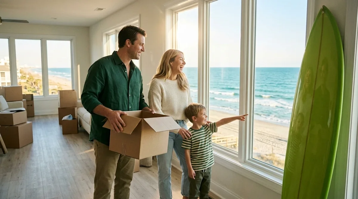Candid lifestyle photography of a joyful family standing inside the bright, airy living room of their new coastal home, looking out at the water.