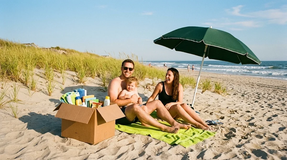Candid 35mm lifestyle photography of a happy family relaxing on a beautiful New Jersey beach, featuring sandy dunes, tall bea