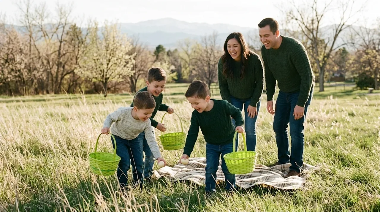 A candid, warm lifestyle photograph of a joyful family with young children enjoying an outdoor Easter egg hunt in a sunny Den