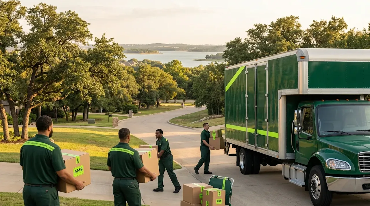 Professional movers with a green truck in Oak Point, Texas, overlooking Lewisville Lake in a scenic residential neighborhood.