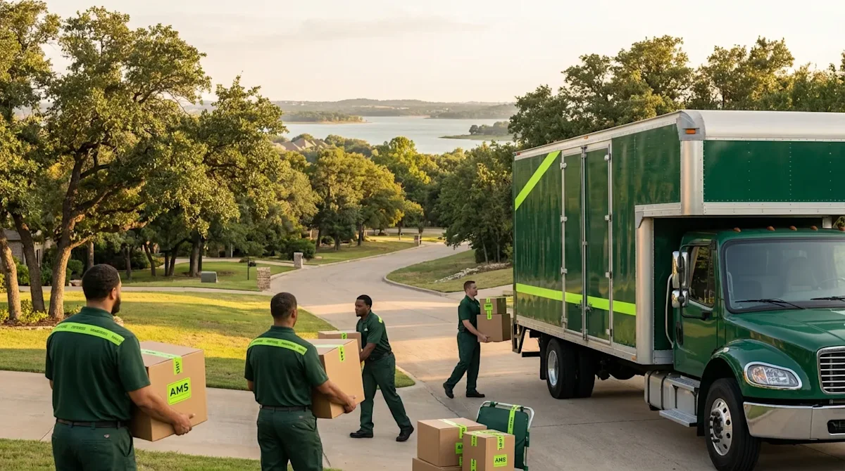 Professional movers with a green truck in Oak Point, Texas, overlooking Lewisville Lake in a scenic residential neighborhood.