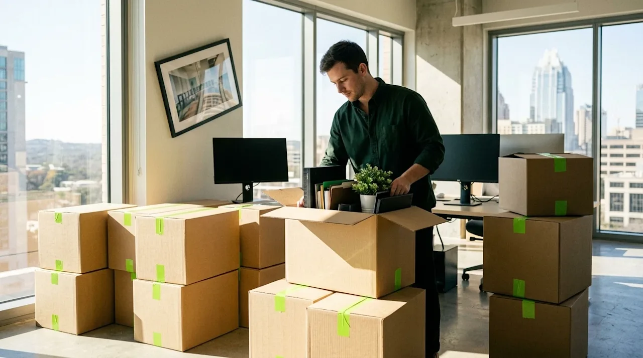 Candid, documentary-style photography of a modern office being seamlessly packed up for a relocation to Austin, Texas. Warm,