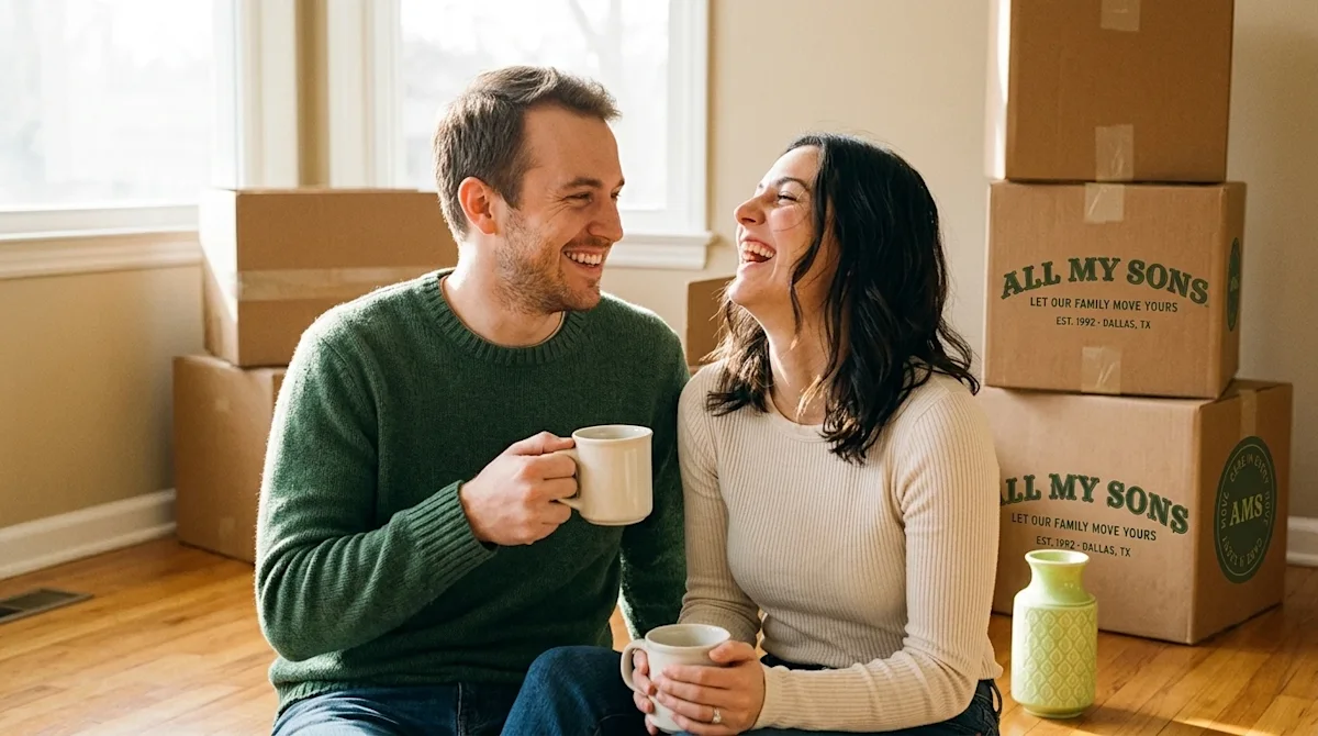 Candid lifestyle 35mm film photography of a happy young couple sitting on the hardwood floor of their new, classic Midwestern