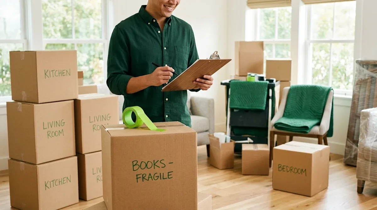 Authentic lifestyle photography of an organized, stress-free home move. A smiling person wearing a deep forest green shirt st