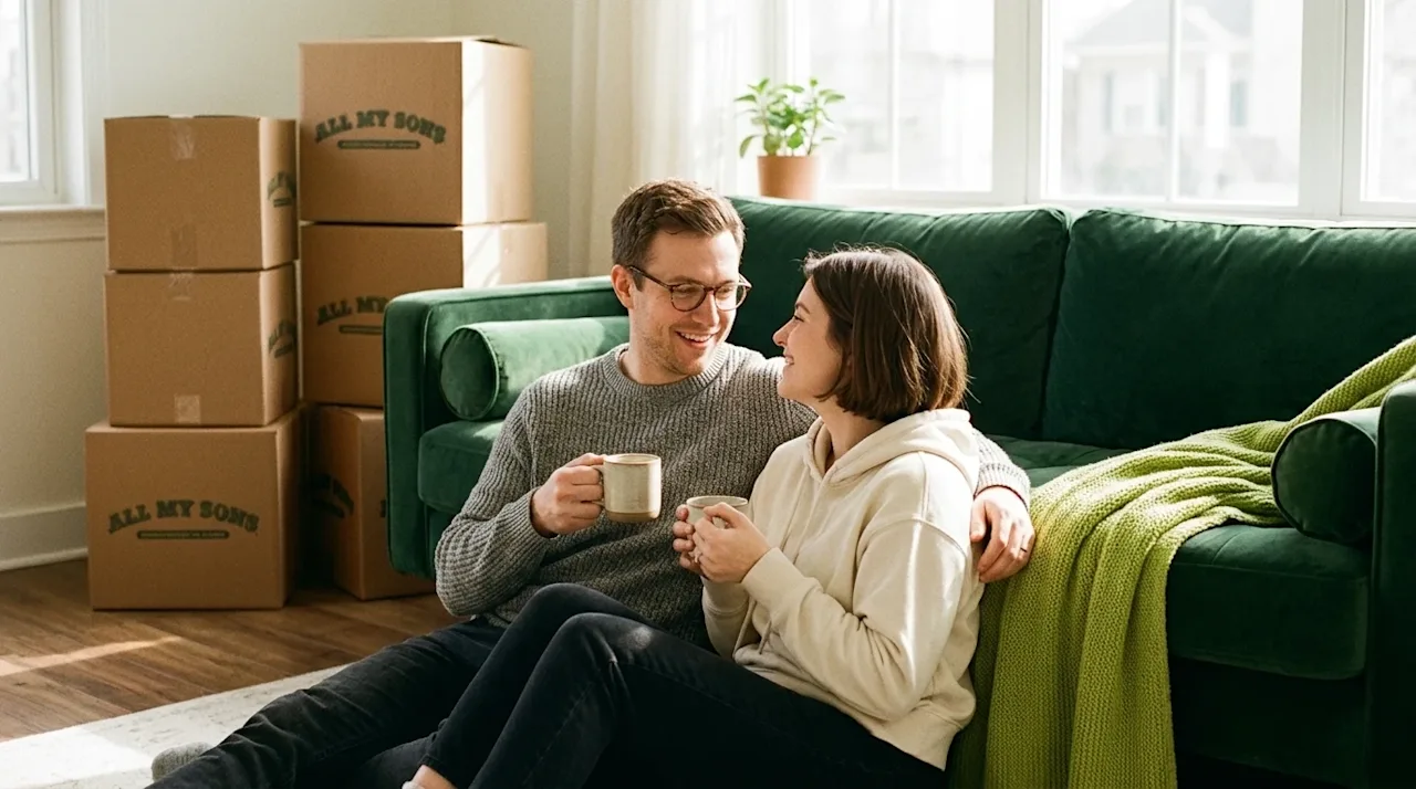A candid, heartwarming lifestyle photograph of a couple relaxing on the floor of their new living room, perfectly capturing t