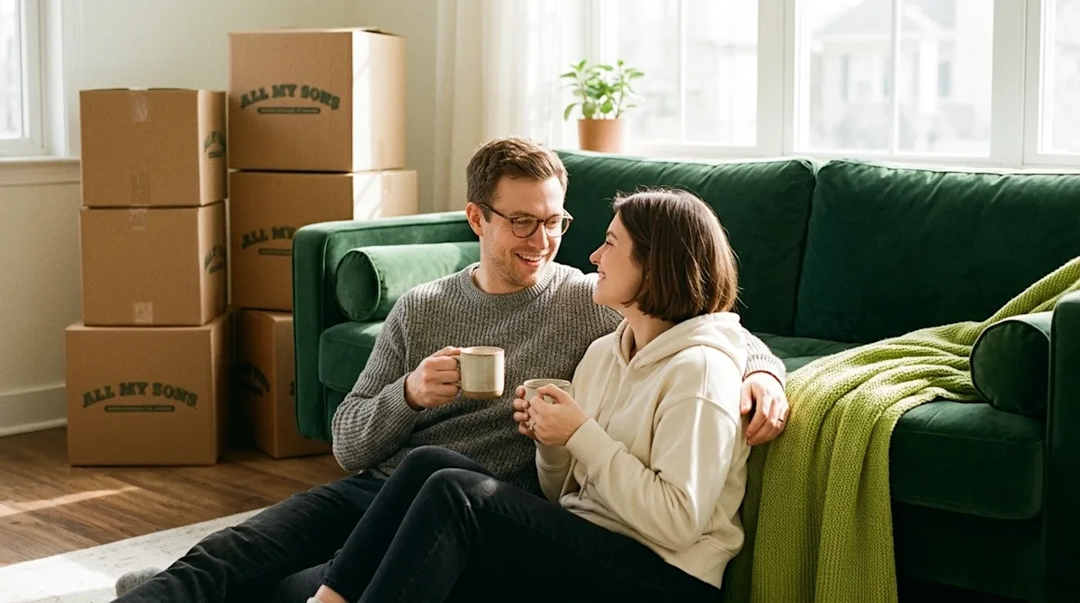 A candid, heartwarming lifestyle photograph of a couple relaxing on the floor of their new living room, perfectly capturing t