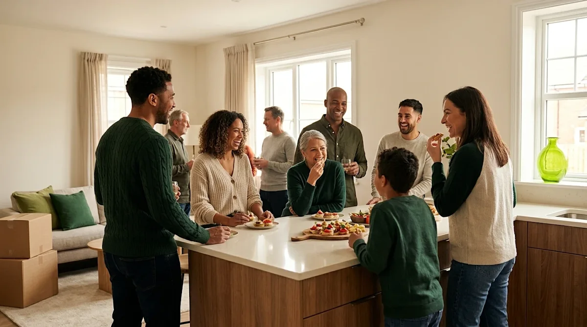 Professional lifestyle photography of a lively housewarming party in a warm, newly settled home. A diverse group of friends a