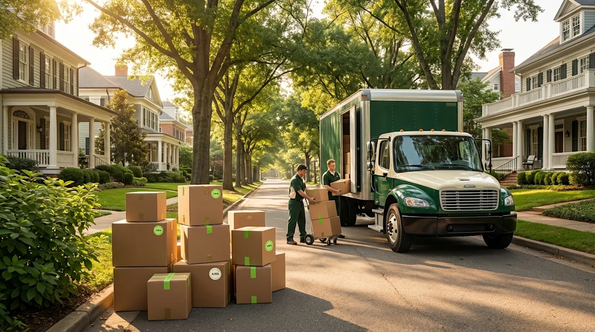 All My Sons moving truck and crew on a scenic Birmingham street with stacked cardboard boxes and lush greenery.