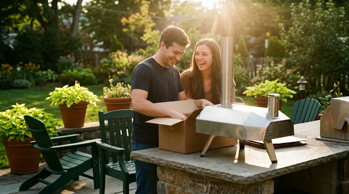 Candid, realistic lifestyle photography of a smiling couple setting up their new outdoor kitchen on a beautiful backyard pati