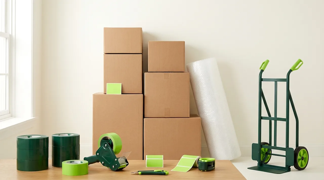 Organized moving supplies including stacked cardboard boxes, bubble wrap, green dolly, and packing tape in a bright room.