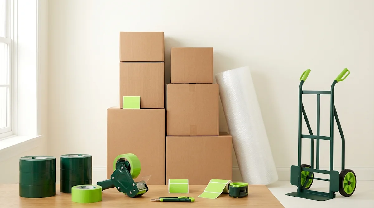 Organized moving supplies including stacked cardboard boxes, bubble wrap, green dolly, and packing tape in a bright room.