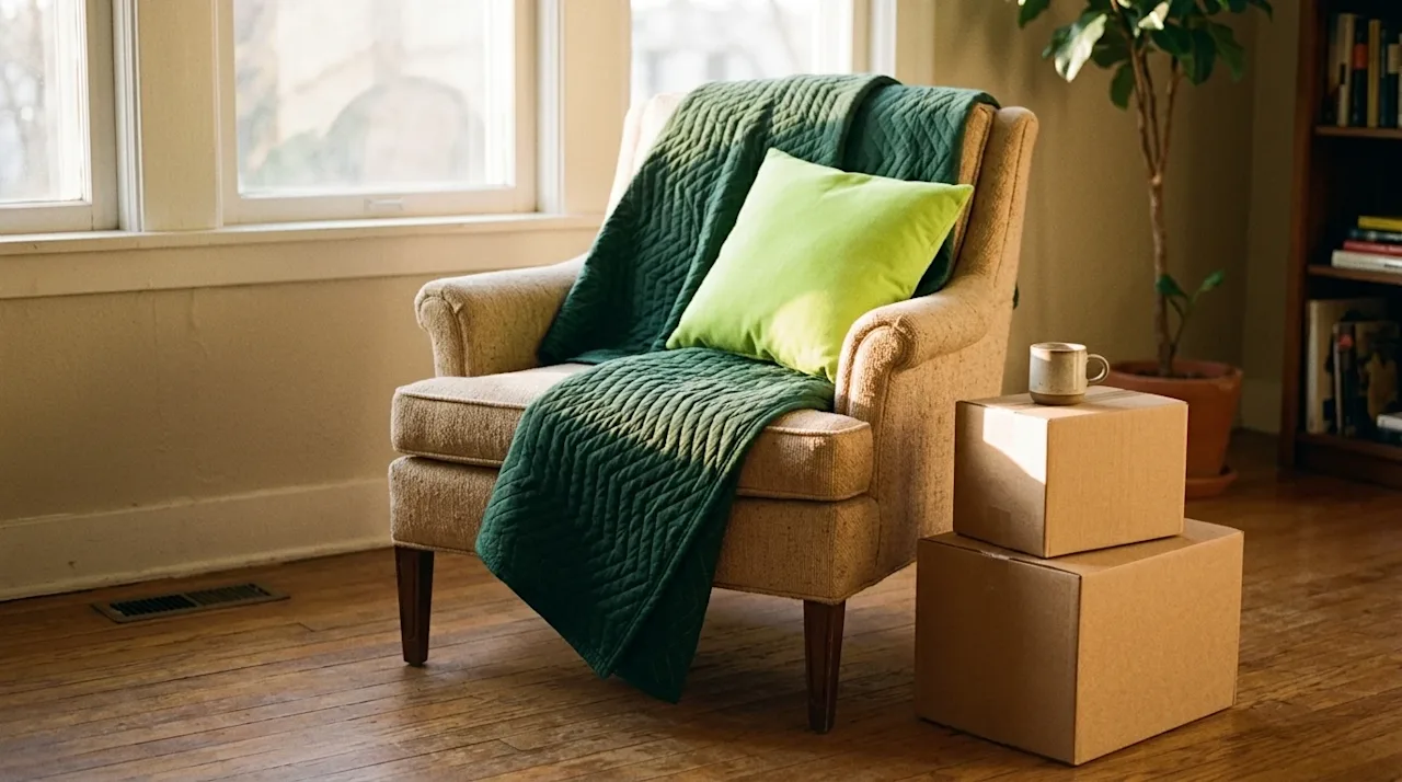 Lifestyle film photography of a deep forest green quilted moving blanket creatively repurposed as a cozy throw blanket, drape