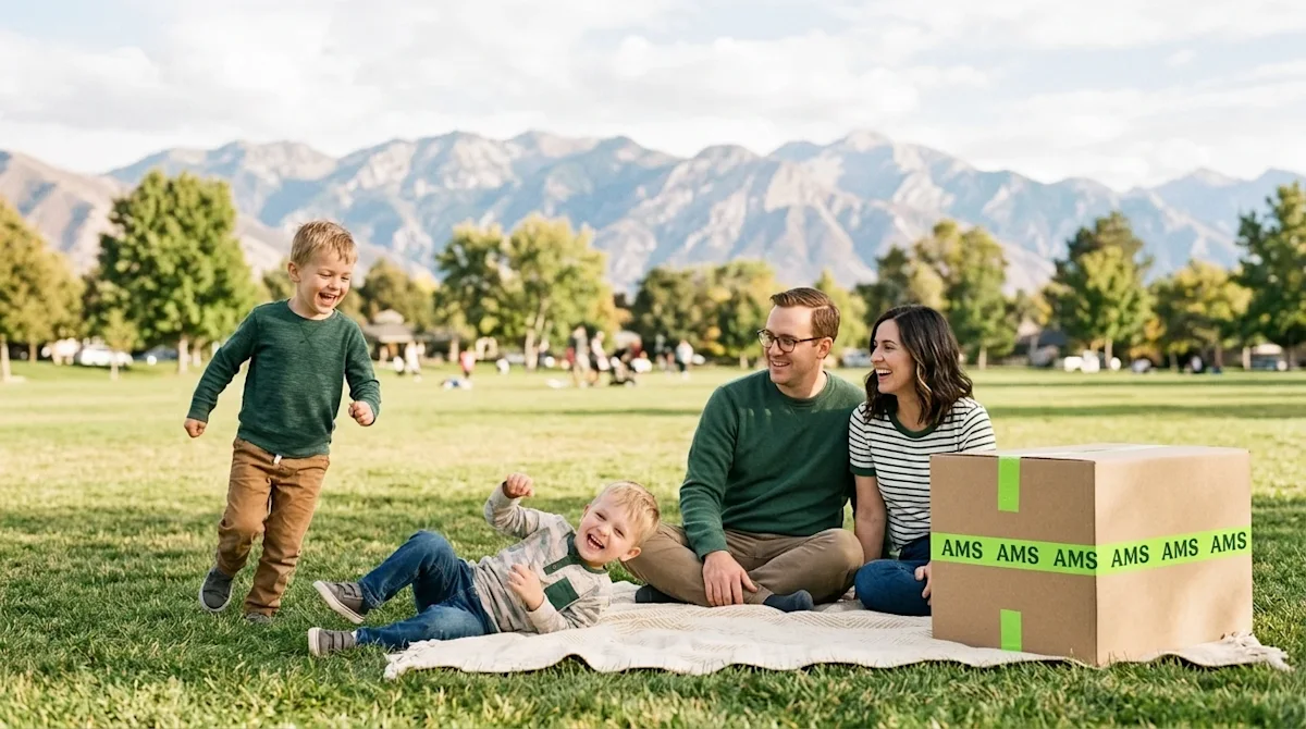 A candid, heartwarming lifestyle photograph of a young family with children having fun at a sunny outdoor park in Salt Lake C