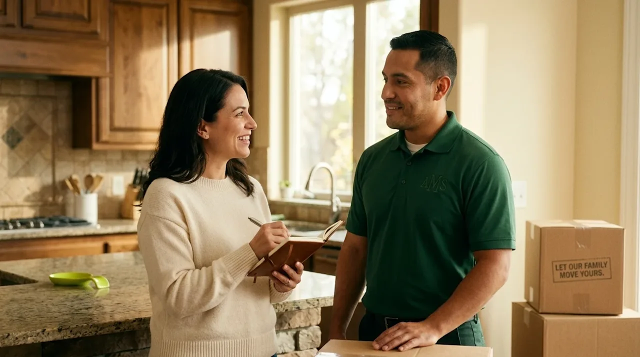 A candid, high-quality lifestyle photograph of a smiling homeowner having a positive, engaging conversation with a profession