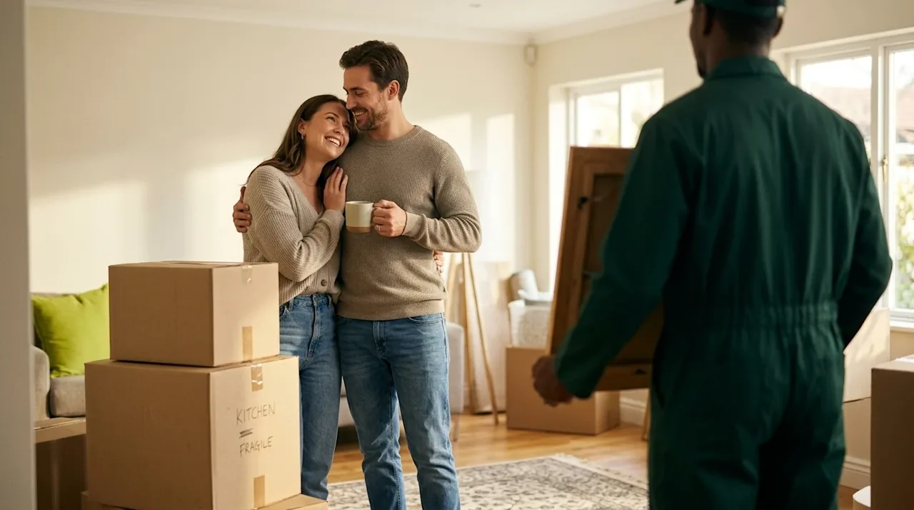 A candid, high-quality lifestyle photograph of a joyful, relieved couple standing in the brightly lit living room of their ne