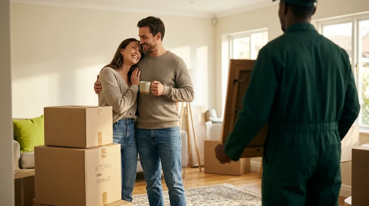 A candid, high-quality lifestyle photograph of a joyful, relieved couple standing in the brightly lit living room of their ne