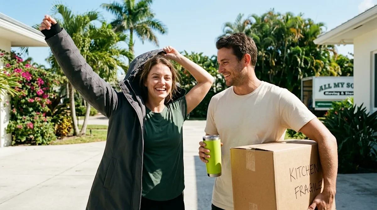 Authentic lifestyle photography of a smiling couple arriving at their new home, highlighting a move to a dramatically differe