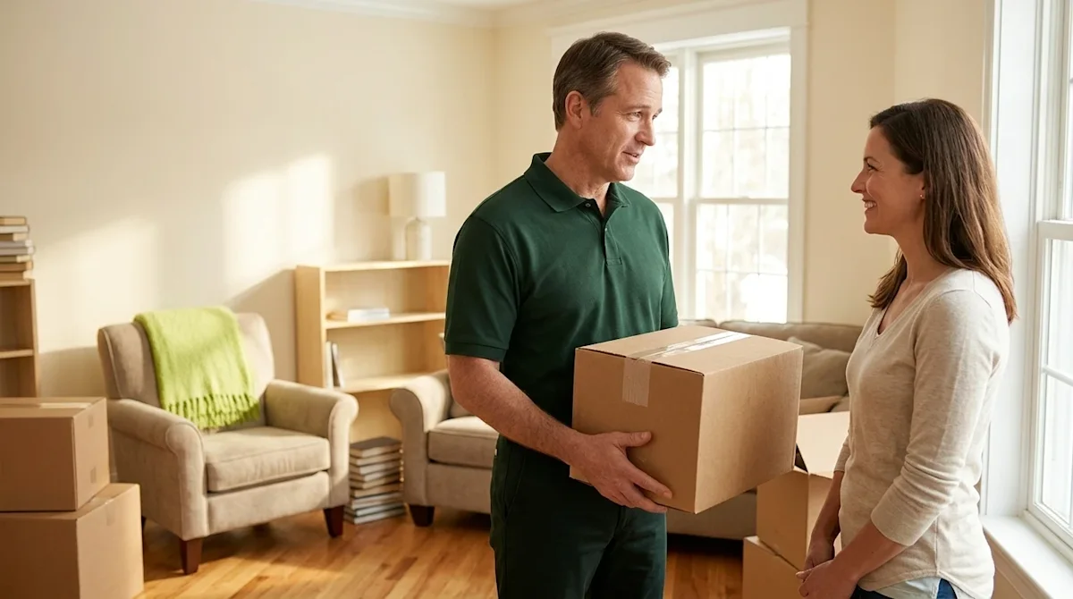 Clear, professional marketing photography capturing a supportive and empathetic moving experience. A kind, professional mover